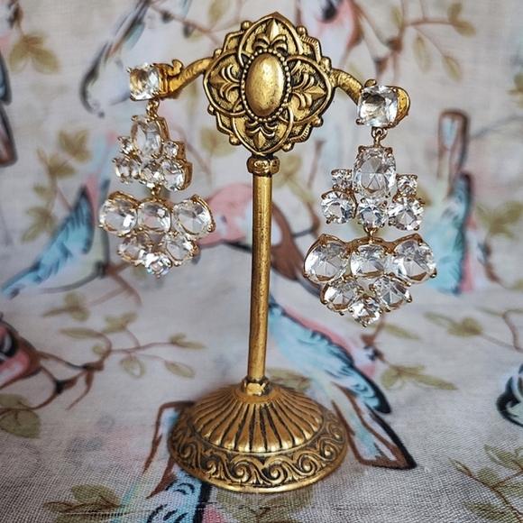 Designer Jewelry - Dramatic Gold Tone Long Thick Clear Glass CZ? Chandelier Earrings *Bent Post*
